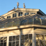 Ooievaars op een mooie gebouw in Artis.