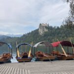 De bootjes voor naar het eilandje in meer Bled