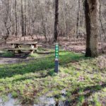 Een picnic tafel en wegwijzer en water