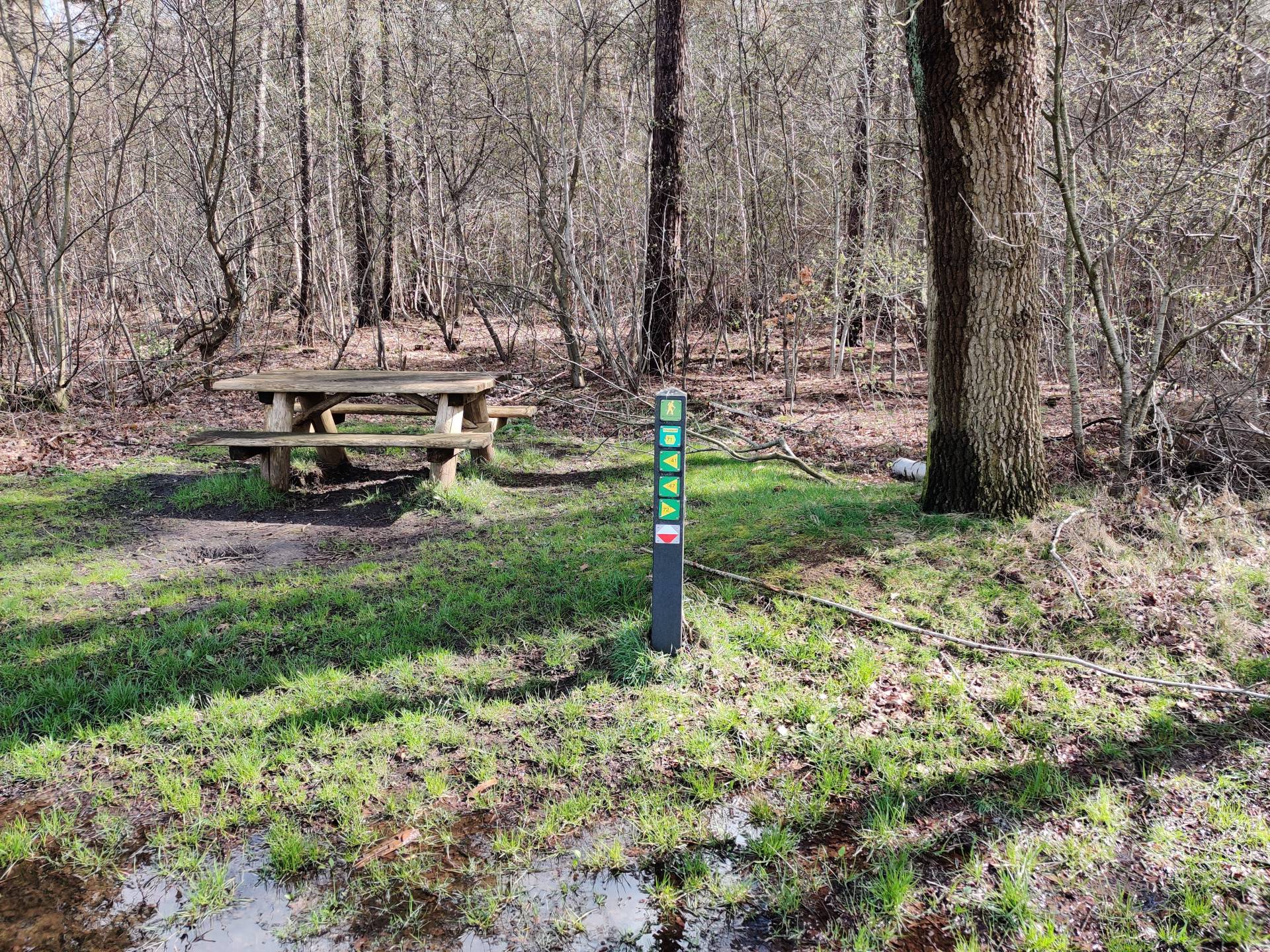 Een picnic tafel en wegwijzer en water