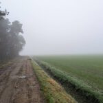 Weggetje en akker die verdwijnen in de mist